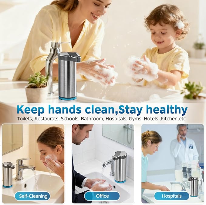 Automatic Foaming Soap Dispenser, Touchless Rechargeable Soap Dispenser for Kitchen & Bathroom, Stainless Steel, 4 Adjustable Foam Levels, USB-C, Waterproof, 12oz/350ml