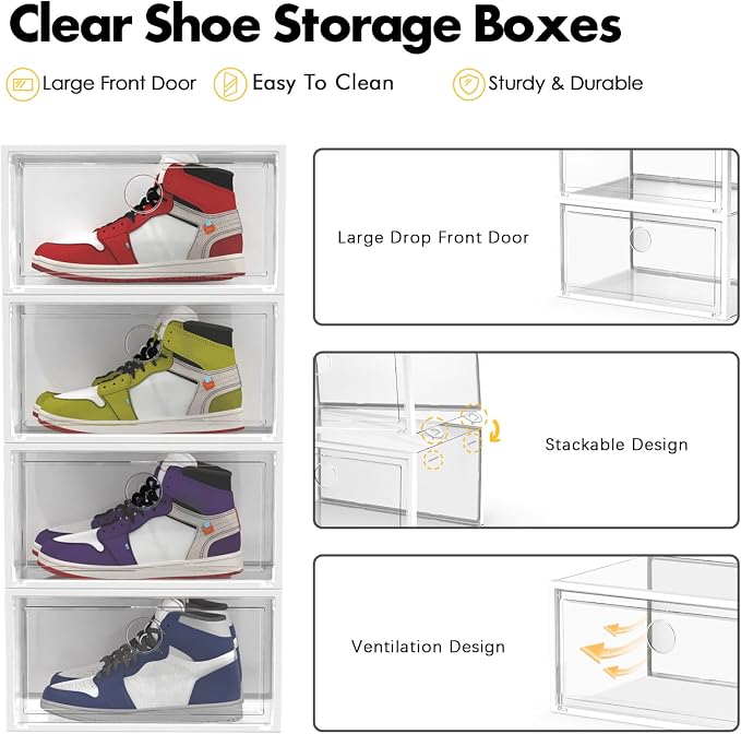 SEE SPRING XX-Large Shoe Storage Box Fit Size 13, Clear Plastic Stackable Shoe Organizer for Closet, Space Saving Sneaker Shoe Rack Containers Bins Holders for Entryway, Under Bed, 12 Pack Clear