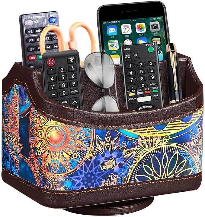PU Leather 360° Rotatable Remote Control Holder, TV Remote Caddy for Table | Colorful Art Supply Organizer Pen Holder, Multi-Functional Desk Organizer for Nightstand,Living Room,Home and Office Decor