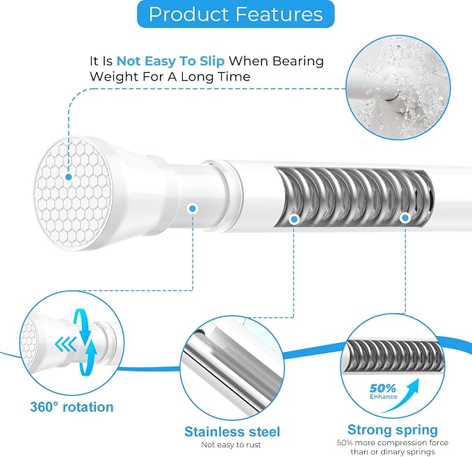 2 Pack Adjustable Tension Curtain Rod 30 to 64 inches, Curtain Rod for Windows Tension Rod No Drill, Spring Tension Curtain Rod for Window, Bathroom, Doorway, White