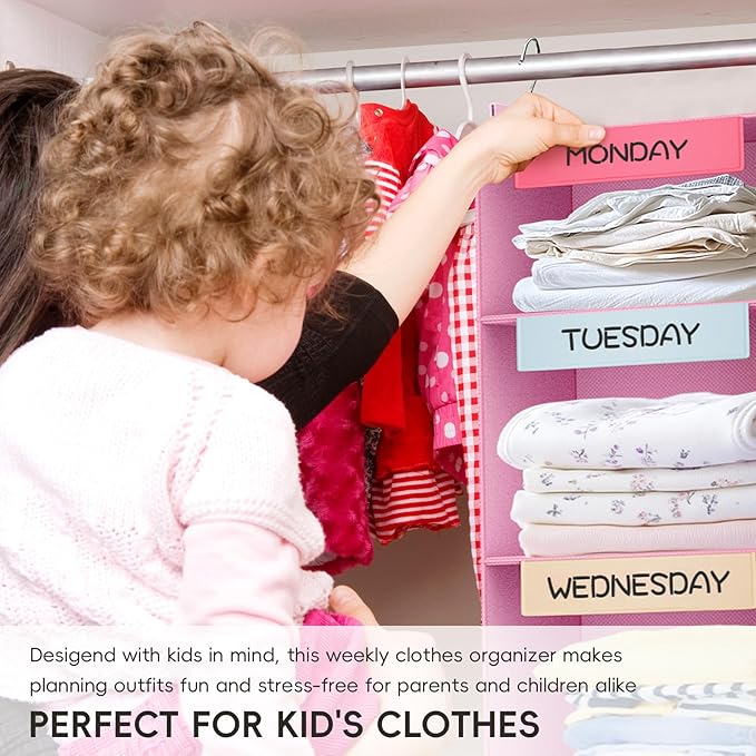 VERONLY Weekly Hanging Closet Organizer for Kids, 6-Shelf Clothes Storage with Labeled Days of The Week Monday Through Friday, Weekday and Weekend, Days of the Week Clothes Organizer
