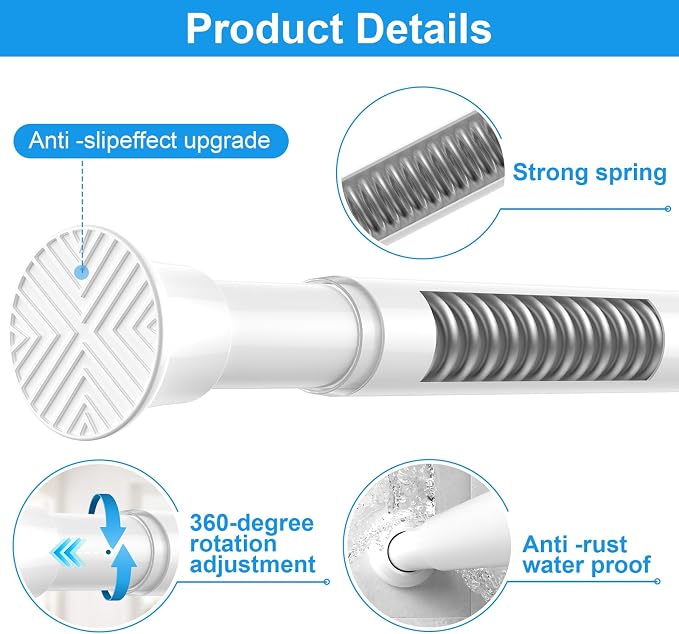 MEXAU 2 Pack White Spring Tension Curtain Rods 18-37 Inch, Adjustable Tension Rods No Drilling for Window, Bathroom, Closet, Room Divider, 7/8" Diameter, Iron