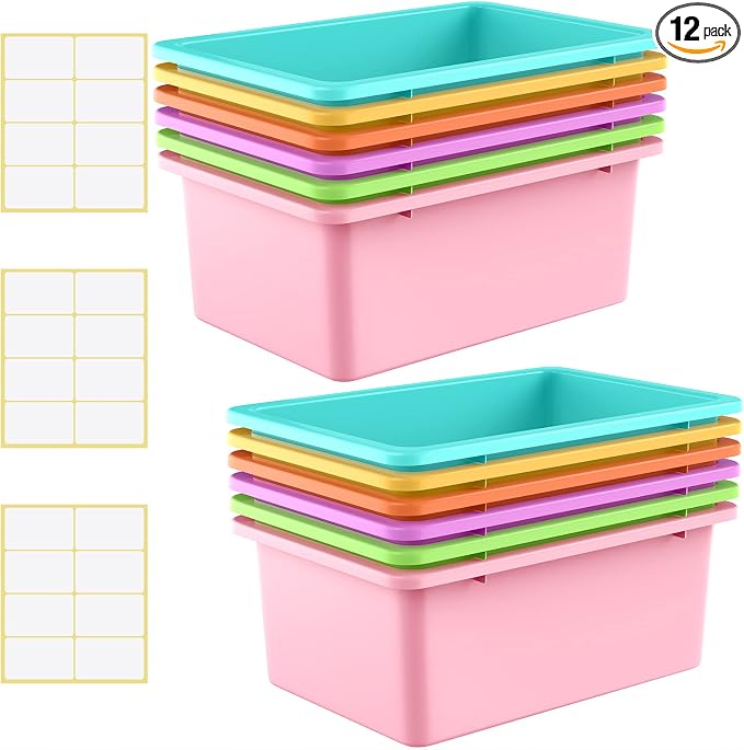 Zonon 12 Pcs Plastic Cubby Storage Bin Back to School Classroom Cubby Organization Storage Container with 1 Pack Self Adhesive Label for Office School Library(Candy Color,11.61 x 7.68 x 4.92)