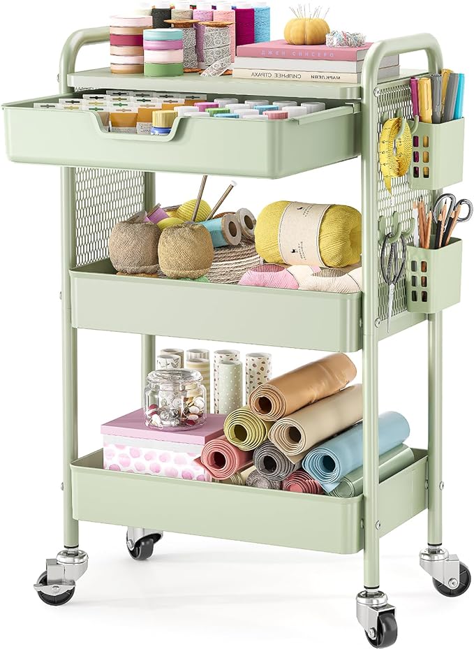 Rolling cart with Drawers - 3 Tier Metal Multifunctional Storage Organizors on Wheels with Tabletop, Hooks & Basket, Sturdy Craft & Art Cart for Bathroom, Bedroom, Children Room, Green