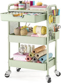 Rolling cart with Drawers - 3 Tier Metal Multifunctional Storage Organizors on Wheels with Tabletop, Hooks & Basket, Sturdy Craft & Art Cart for Bathroom, Bedroom, Children Room, Green