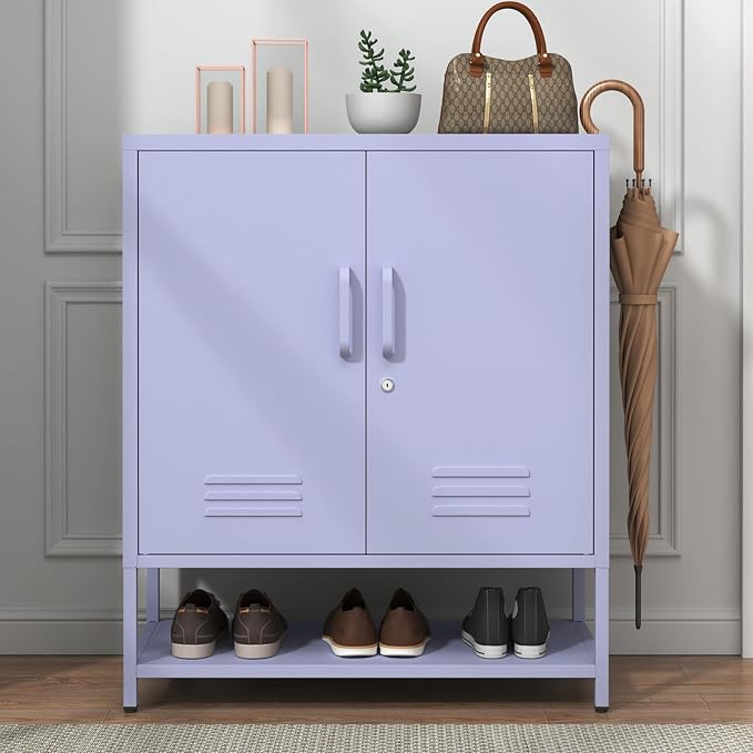 Lockable Metal Shoe Cabinet,Heavy Duty Storage Cabinet with 1 Adjustable Shelves,Purple Metal Storage Cabinet for Home,Entrance,Living Room,Bathroom 33" H X 29.5" W X 13.8" D