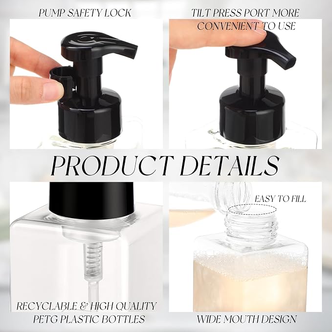 Domensi Foaming Soap Dispenser 8.5 oz Foam Pump Bottle Bulk Empty Travel Foaming Dispenser Refillable Hand Soap Plastic Pump Bottle Travel Clear Container for Bathroom Vanities(12 Pcs,Black)
