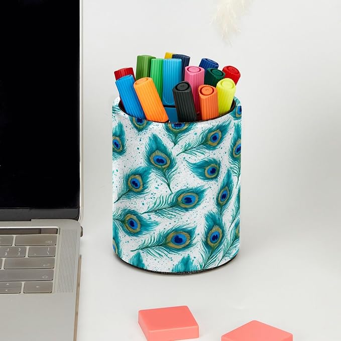 Leather Pen Holder for Desk, Peacock Feather Pencil Cup Pen Organizer Makeup Brush Holder for Office Home Kids Countertop Desk Accessory Storage
