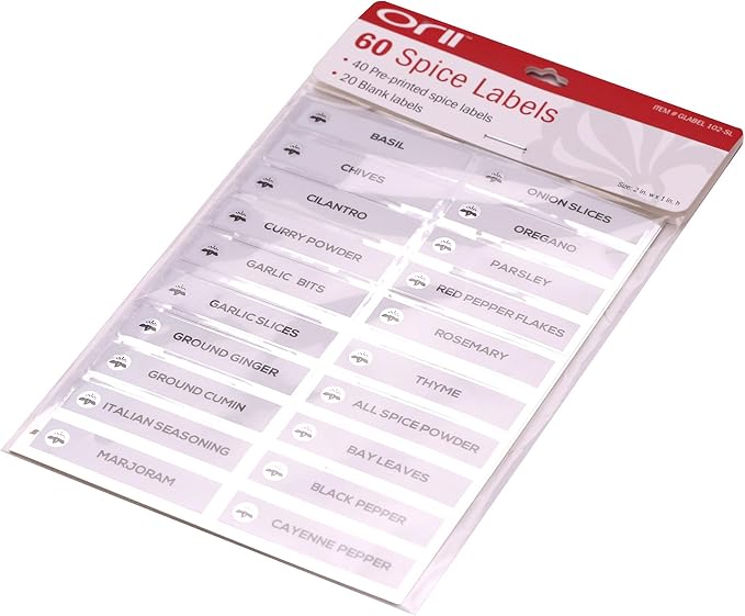 Orii Spice Labels, Silver/White, 40 Preprinted + 20 Blank (60 Total) | Kitchen Jar Label Combo Tags, Pantry Ingredients Organization, Spice Rack Organization