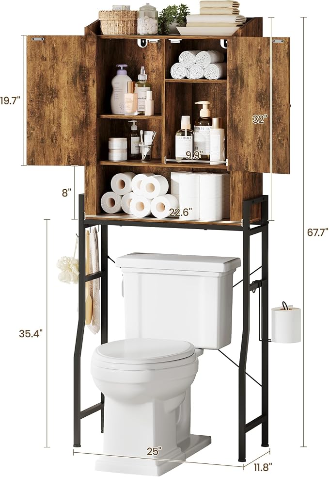 Memobarco Over The Toilet Storage Cabinet with Metal Stand, Rustic Brown | Toilet Paper Holder, 3 Extra Hooks, Anti-Tipping Device, With Adjustable Shelves, for Bathroom, Restroom, Laundry