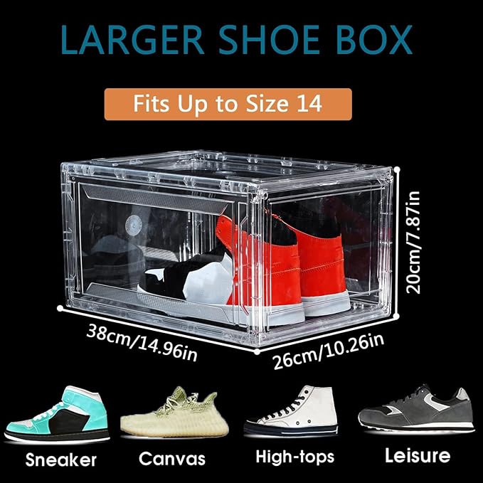 12 Pack Shoe Boxes, Rigid Clear Acrylic Panels Sneaker Display Cases | Magnetic Stackable Drop Front Shoe Storage Container Fits Men’s Size 15