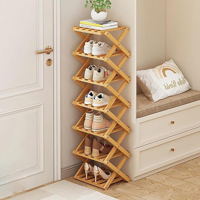 Vertical Narrow Shoe Rack, 7 Tier Portable Folding Shoe Storage Rack, Without Installation Free Standing Shoe Rack for Corridors, Bedrooms Living Room Corner and Small Spaces (7 Tier)