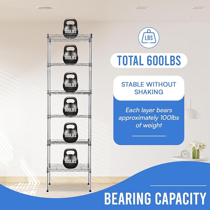 PayLessHere | 6-Tier Wire Shelf | 17"x12"x64" | Chrome | Adjustable Racks | Heavy-Duty Storage Shelves, Holds Upto 600 lbs | Rust-Resistant, No-Tool Assembly | for Home, Garage Shelving