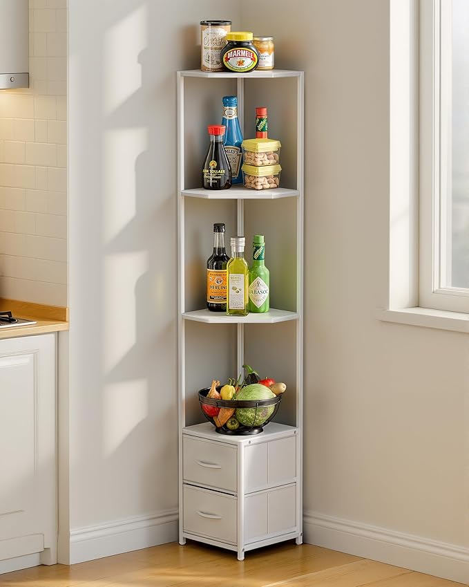 Housolution Corner Shelf Stand with Storage, 63.4'' Tall 6-Tier Corner Bookshelf Includes Fabric Drawers, Freestanding Corners Storage Shelf for Living Room Bedroom Kitchen Bathroom (White)