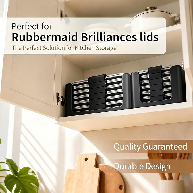 Food Storage Container Lids Organizer for Rubbermaid Brilliance Nap-On Lids,Lid Organizer for Kitchen Cabinet Storage - Fits 3.2, 4.7 & 9.6 Cups - Holds 16 Lids (Black,2-Piece Bundle)