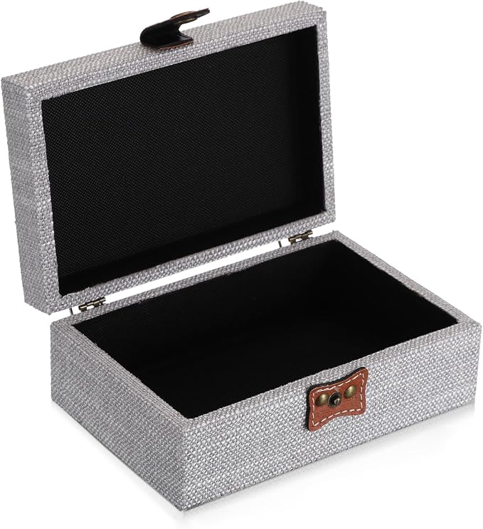 Hipiwe Jewelry Storage Box Treasure Chest Wooden Box with Linen Covered | Rectangular Keepsake Case with Clasp Lid, Dcorative Photo Storage Organizer for Men Women Christmas Gift, Gray Small