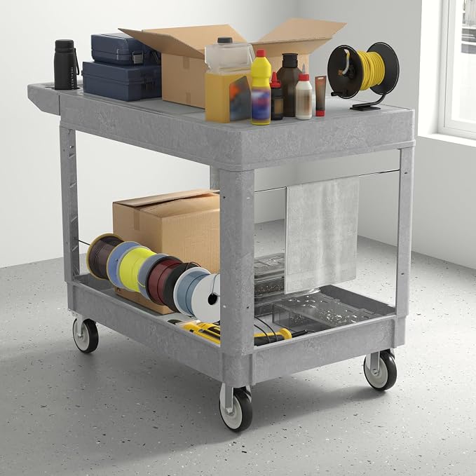 Plastic Utility Cart on Wheels, Large Flat Top Rolling Service Cart-Gray | 46 x 25 Inch 2 Shelf Work Carts, 500 lbs Capacity Heavy Duty Tool Cart W/Tub Storage, for Warehouse, Garage, Cleaning