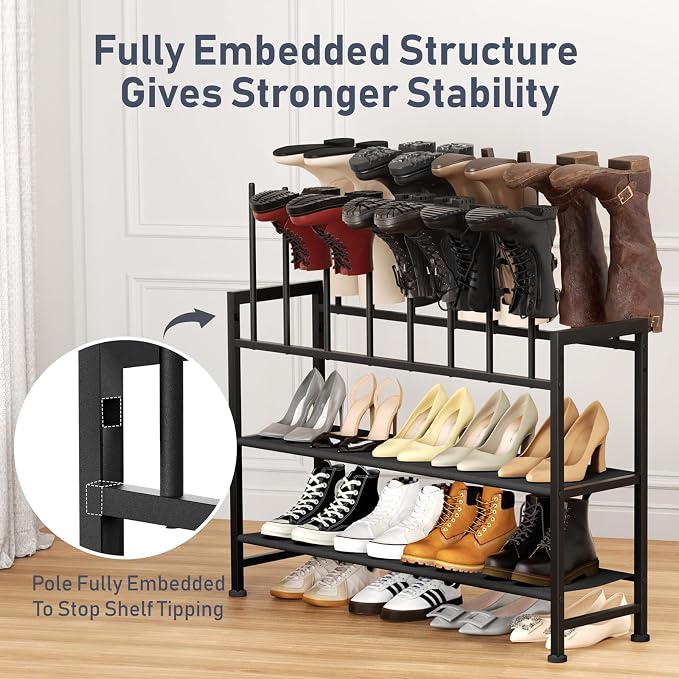DIMJ Boot Rack 4-Tier - Black Metal Boot Storage Rack for Tall Boots Organizer Tall Boots, Multiuse Shoe Rack for Boots, Sneakers, High-Heel, Entryway, Fits 8 Pairs