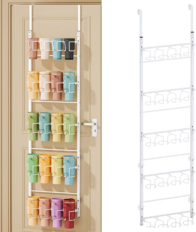 SWTYMIKI 5-Tier Water Bottle Organizer – Over the Door Stanley Cup Holder, Cup Organizer for Door or Wall Mount Option, Stanley Accessories for Pantry, Dorm, Office, RV Use, White