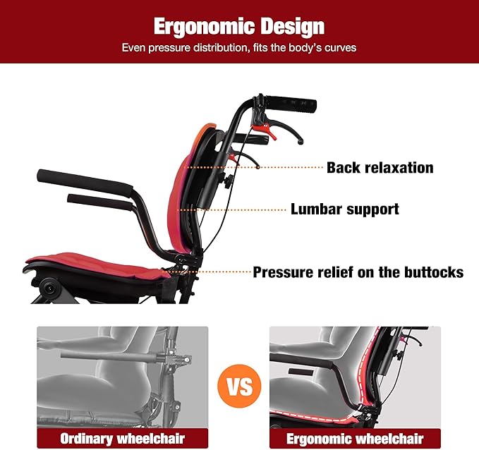Wheelchairs for Adults,Transport Wheelchair Lightweight Foldable with Removable Cushion,Transport Chair,Ergonomic Travel Wheelchair with Telescopic Handle,Gifts for Grandma,Red