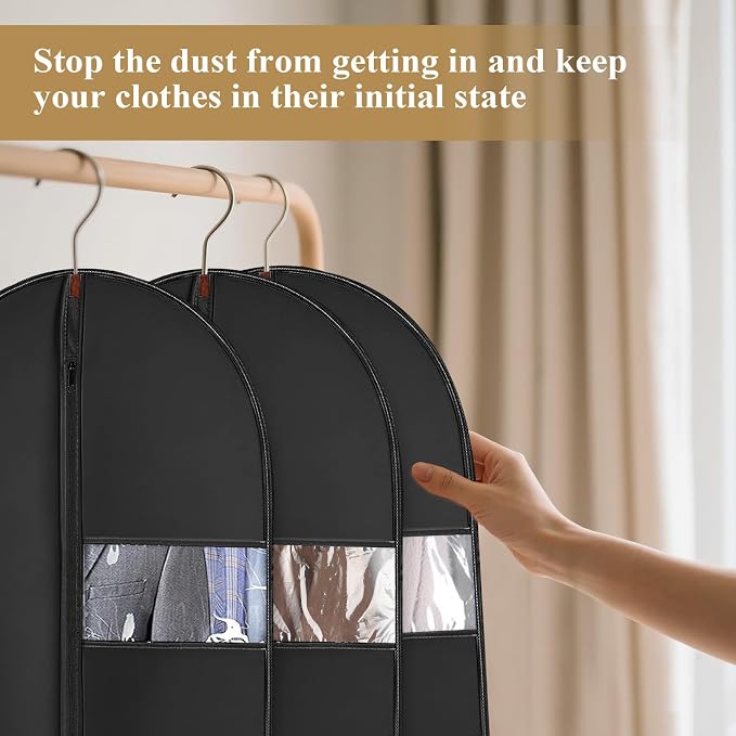 2Pcs Garment Bags Covers, 47 Inch Hanging Clothes Bag, Suit Cover Bags with Clear Window for Hanging Closet Clothes Storage and Travel (2, Black, 47 inch)
