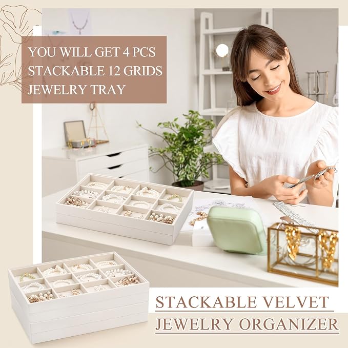 Cinnvoice 4 Pcs Stackable Jewelry Organizer Tray, 12 Grids Velvet Bracelet Ring Necklace Tray, Jewelry Organizer Trays for Drawer Display Selling Bangle Necklace Earring Showcase Storage(Beige)