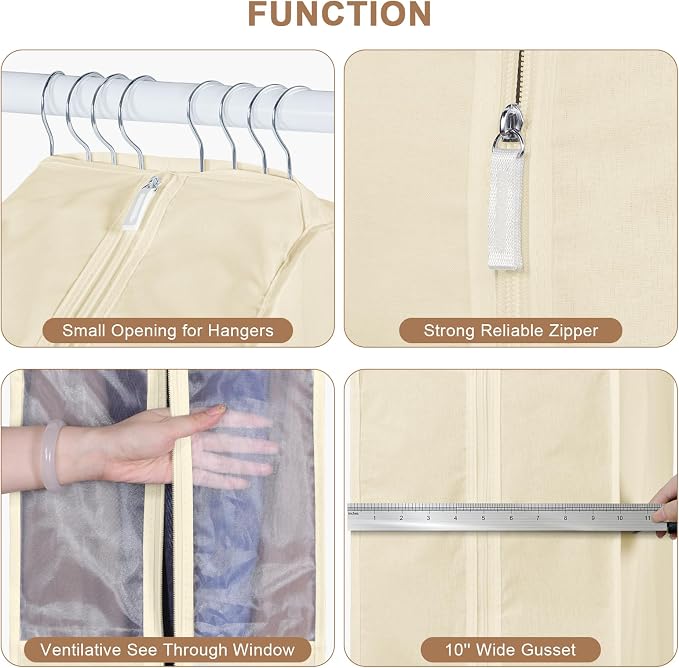 43" Premium Cotton Garment Bag for Hanging Clothes, Breathable Suit Bags for Closet Storage with Extre Large 10" Gusseted & Clear Window, Dust Cover with Zipper for Suits, 3 Pack, Beige