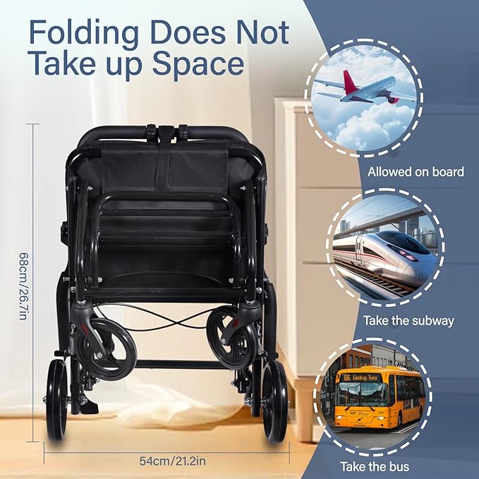 Lightweight Foldable Transport Wheelchair for Adults, 18.1” Extra Wide Seat (Upgraded from 15”), 300 lb Capacity, Easy Folding, Travel-Friendly Design