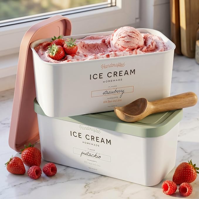 Reusable Ice Cream Containers Set of 2 - Sturdy 2 Quart Tubs with Lids | Perfect for homemade sorbet, frozen yogurt or gelato - stackable storage tubs with stickers store easily in your freezer