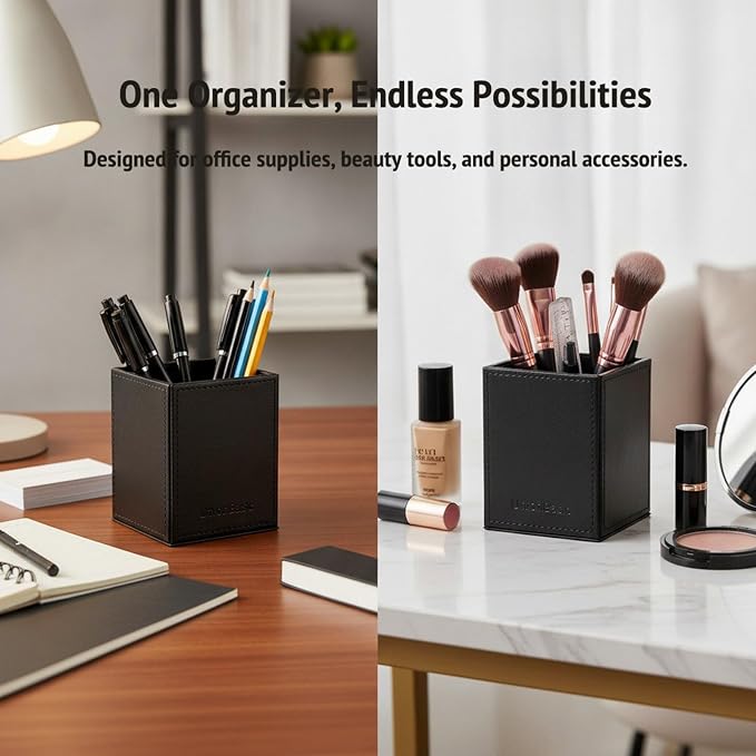 UnionBasic Square Pen Holder, Leather Pencil Cup, Desktop Caddy Stationery Organizer, Black