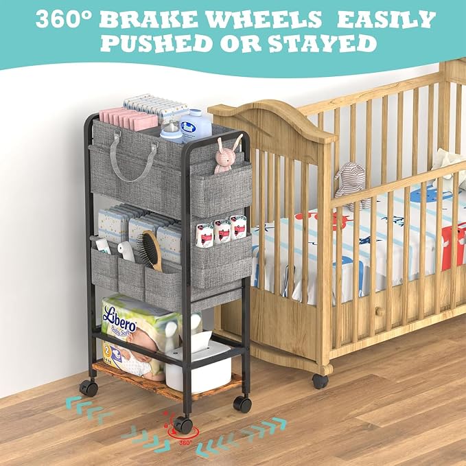 LIDTOP 2In1 Baby Diaper Caddy & 4-Tier Rolling Diaper Cart, Diaper Caddy Organizer Cart with Dividers & Drawer, Mobile Metal Bedside Cart for Nursery Essentials Storage, Large Capacity
