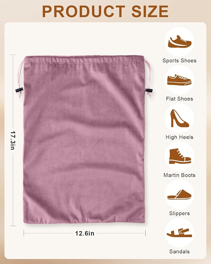 2 Pcs Shoe Bags for Travel, Dust Velvet Bags, Parfait Pink, 17.3x12.6 Inch | Washable & Reusable Travel Shoe Bags, Dustproof Shoe Bags with Drawstring Closure, Suitable for Travel, Home Storage