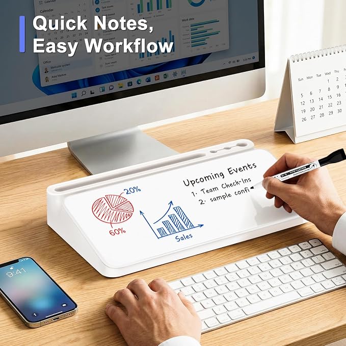 Small Desktop Glass Whiteboard with Storage, Desk Dry Erase White Board | Computer Keyboard Stand, Office Desk Organizers and Accessories with Drawer, To Do Memo Notepad, Home School Supplies