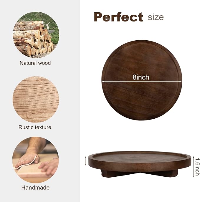 zoocatia Round Decorative Tray Farmhouse Kitchen Decor Soap Dish, 8" Walnut | Waterproof, Lightweight, Easy Clean, Wood Riser Pedestal Stand Accessories for Office Desk, Vanity, Counter, Sink