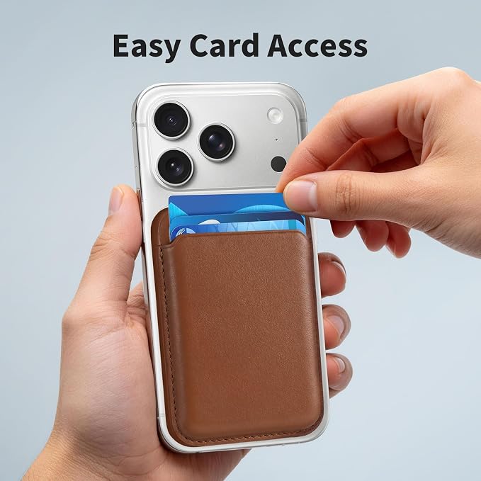 Magnetic Wallet Phone Card Holder for Phone Case with Mag-Safe, Stronger Magnetic RFID Leather Phone Wallet Stick on Series of iPhone 17/16/15/14/13/12 and Pro/Promax, Caramel Brown