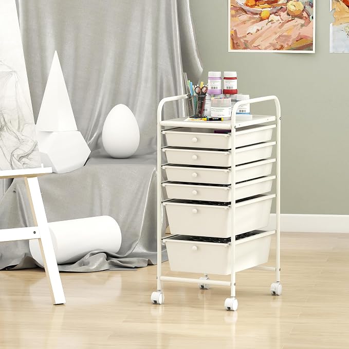 Giantex 6 Storage Drawer Cart Rolling Organizer Cart for Tools Scrapbook Paper Home Office School Multipurpose Mobile Utility Cart (Ivory)
