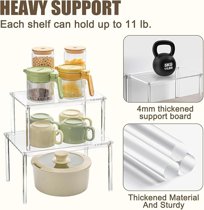 2 Pack Clear Acrylic Spice Rack, 5mm Thick Stackable Cabinet Shelf Riser, No Drill Wall Mounted Kitchen Organizer with Adjustable Feet, Multi-Purpose Storage for Pantry Countertop Bathroom Makeup