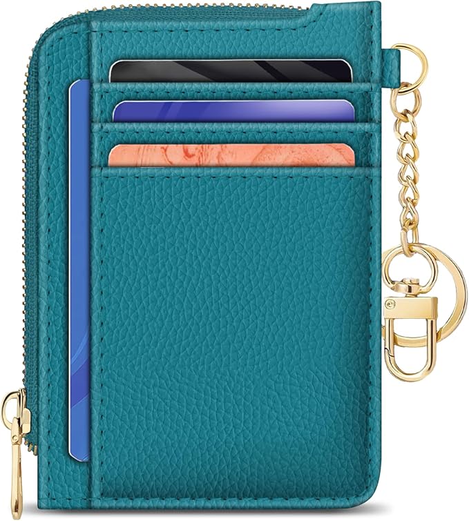 GIANCOMICS Slim Wallet Credit Card Holder Women, Peacock Blue Rfid Blocking Small Card Case, Keychain Thin Pocket Curved Zipper Wallet, Travel Card Holder PU Leather ID Window, Ladies Female Gifts