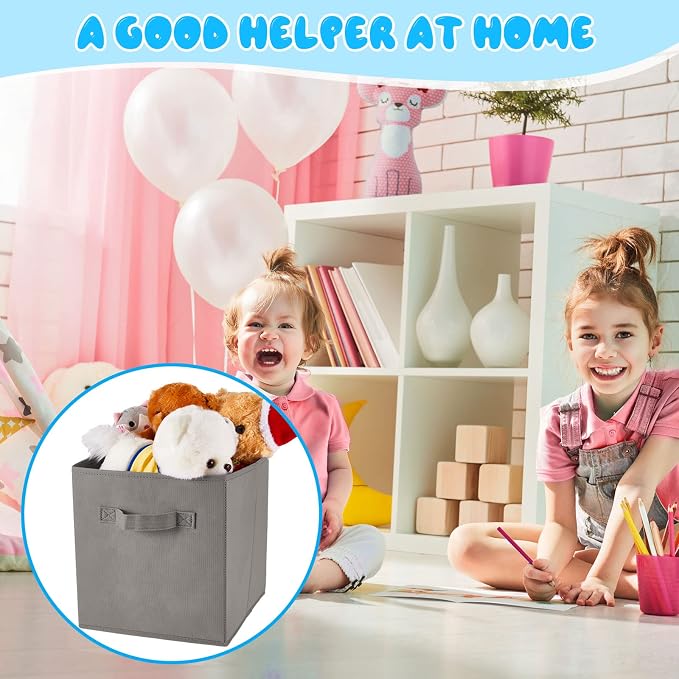 Yinder 12 Pcs Cube Storage Bin Grey 10.5''x10.5''x11'' Storage Bins for Playroom Decor Colorful Bins for Kids Foldable Baskets for Nursery Organizer Boxes Fabric Boxes