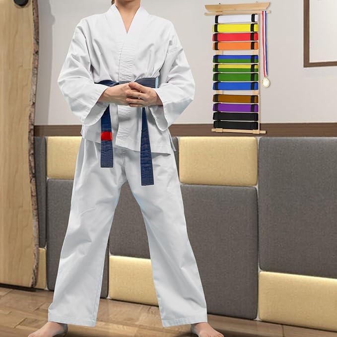 JUXYES Wall Hanging Martial Arts Belts Organizer for 8 12 Belts with Medal Hanger and Stickers, Bamboo Karate Belt Display Holder Rack, Taekwondo Belt Display Holder for Martial Arts Learners