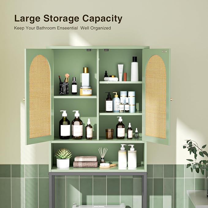Befrases Rattan Toilet Storage Cabinet, Over the Rack Wood Cabinet with Metal Stand, Bathroom Organizer with Adjustable Shelf, Space Saving Cupboard for Small Bathrooms, Washer Shelf, Green