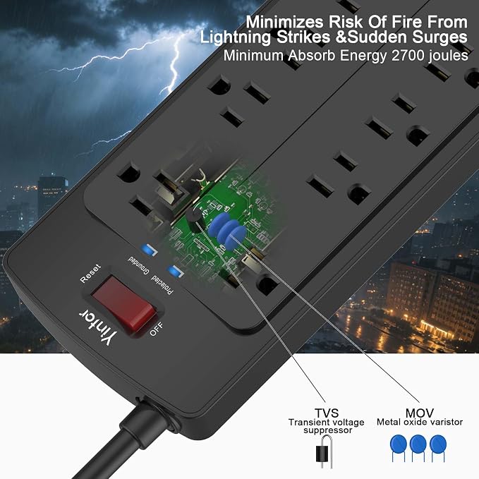 10 Feet Extension Cord Power Strip, Yintar Surge Protector with 12 AC Outlets and 4 USB Ports, 2700 Joules, ETL Listed, Black