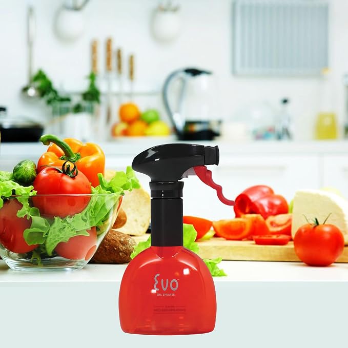 Evo Oil Sprayer Minis, Non-Aerosol for Olive, Cooking Oils, and Vinegars, Red, 8-Ounce Capacity, Set of 2 | Set of Two 8 Oz Non-Aerosol Sprayers, Fan-Shaped 1/4 Tsp per Pull, Rotating Nozzle, Ergonomic Trigger