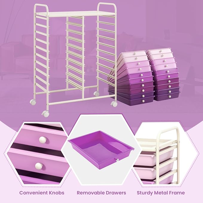 LDAILY 20-Drawer Rolling Storage Cart, Rolling Storage Cart, Storage Organizer on Wheels, Metal Frame, Scrapbook Paper Tools, Suitable for Office School, Classroom (Gradient Purple, 20 Drawer)