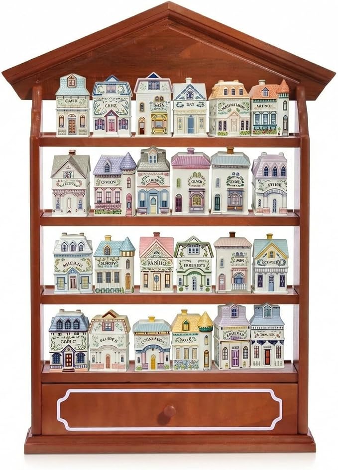 Chunful Vintage Spice Jar Wooden Rack with 4 Tier Hanging Spice Rack Wall Mounting Kitchen Storage Village Style Display Shelf for 24 Jar, Christmas Wedding Bridal Gift, Shelf Only(Classic)