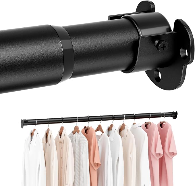 ENJOYBASICS Closet Rods for Hanging Clothes, 17 to 67 Inches Stepless Adjustable Closet Pole, 1.3 Inches Heavy Duty Clothes Rod for Wardrobes, Bathroom, Laundry and Windows, Black