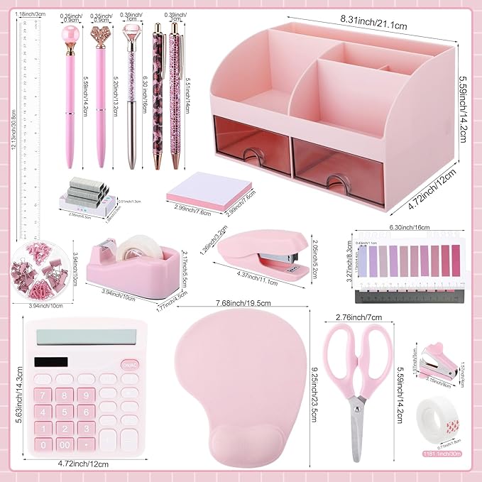 Feifeiya 18 Pack Pink Office Supplies Desk Accessories for Women Desk Organizer Box Calculator Staple Remover Stapler Scissors Clips Mouse Pad Sticky Notes Index Notes Tape Dispenser Ruler Tap Pen