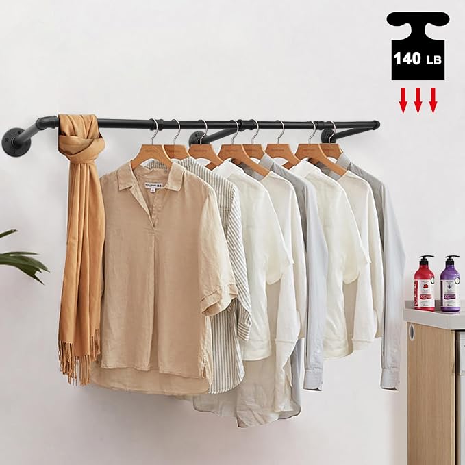 Livabber Industrial Pipe Clothes Rack, Heavy Duty Detachable Iron Garment Rack Wall Mounted, Rustic Saving Space Clothes Bar Multi-Purpose Hanging Rod for Bedroom, Closet, Black (50 Inch)