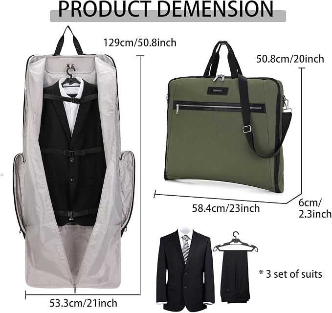 BESMART Garment Bags for Travel, 51" Large Suit Bag for Business Trips | Waterproof,Hangs 3 Suits,Foldable,Wrinkle Free Spacious Luggage Suit Cover,Adjustable Strap,Carry On Flight Approved,Green