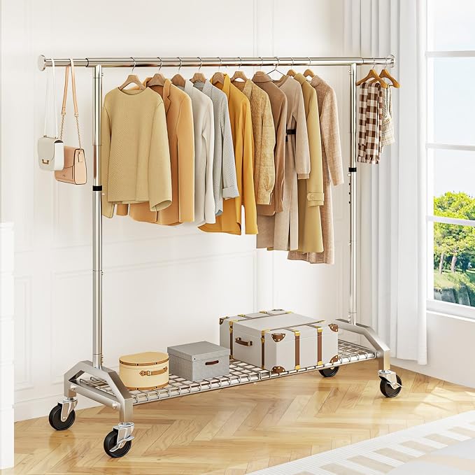 Wiracks Clothes Rack for Hanging Clothes 350lbs Heavy Duty Clothing Rack 51 to 71" W x 16.53" D x 65" to 71" H Adjustable Rolling Clothes Rack Coat Rack Garment Rack 3" industrial Wheels Silver